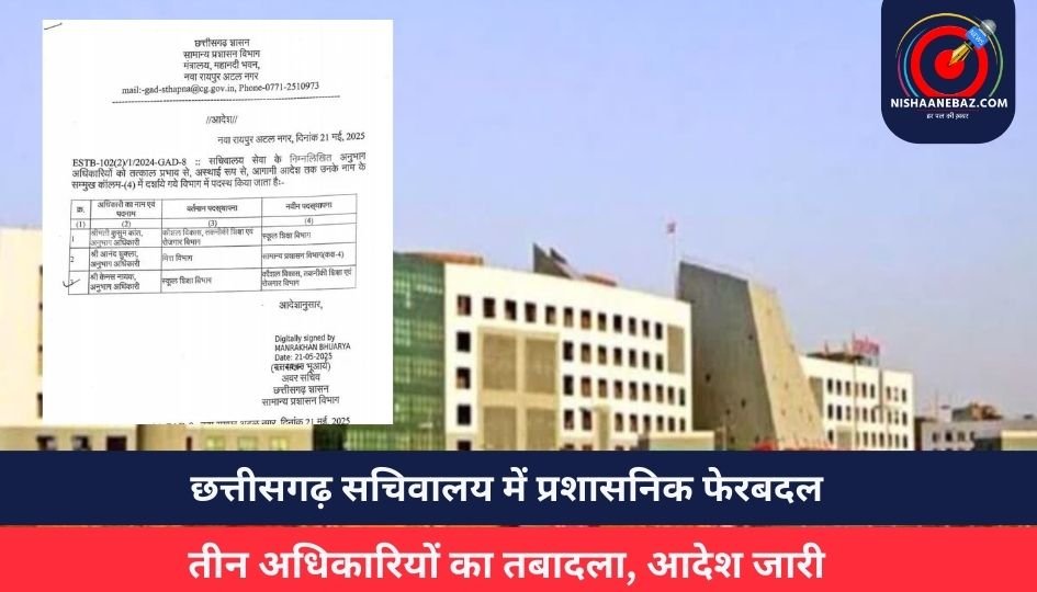 छत्तीसगढ़ सचिवालय में प्रशासनिक फेरबदल : तीन अधिकारियों का तबादला, आदेश जारी