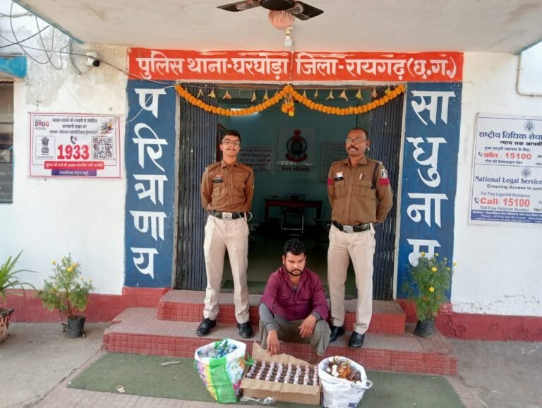 Gharghoda Police : घरघोड़ा पुलिस की बड़ी कार्रवाई, 145 पाव अंग्रेजी-देशी शराब के साथ एक आरोपी गिरफ्तार