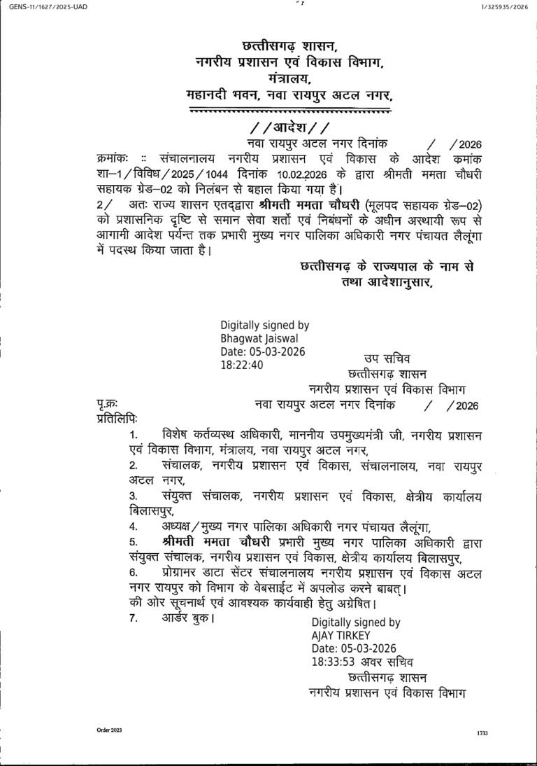 Lailunga Nagar Panchayat : लैलूंगा नगर पंचायत में बड़ा प्रशासनिक फेरबदल: श्रीमती ममता चौधरी बनीं प्रभारी मुख्य नगर पालिका अधिकारी