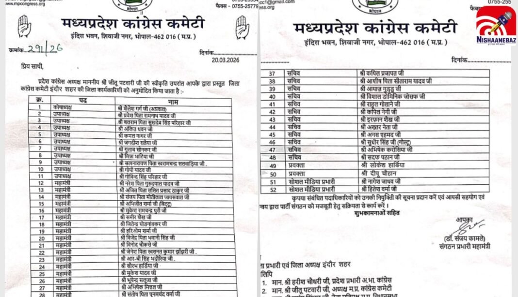 इंदौर कांग्रेस की नई कार्यकारिणी घोषित, 52 पदाधिकारियों को जिम्मेदारी, पार्षद प्रत्याशियों को नहीं मिला स्थान