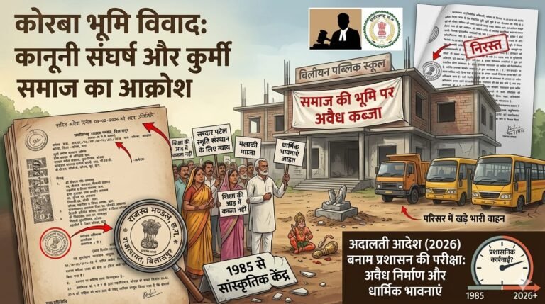 Kurmi Samaj Land Dispute CG : हाईकोर्ट से जीत के बाद कुर्मी समाज आक्रामक: विवादित जमीन पर स्कूल और अवैध निर्माण को लेकर खड़े किए सवाल