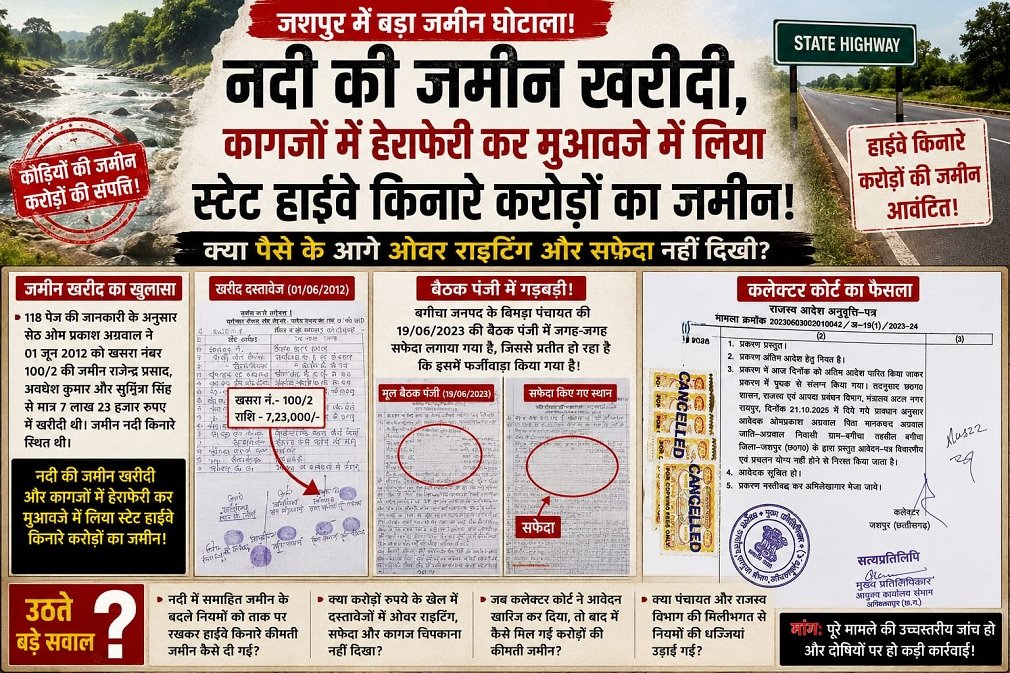 Jashpur News : नदी की जमीन खरीदी, कागजों में खेल किया और मुआवजे में ले ली हाईवे किनारे करोड़ों की जमीन! क्या पैसे के आगे ओवरराइटिंग और सफेदा भी नहीं दिखा?