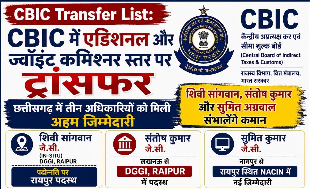 CBIC Transfer List: CBIC में एडिशनल और ज्वॉइंट कमिश्नर स्तर पर ट्रांसफर, छत्तीसगढ़ में इन तीन अधिकारियों को मिली अहम जिम्मेदारी