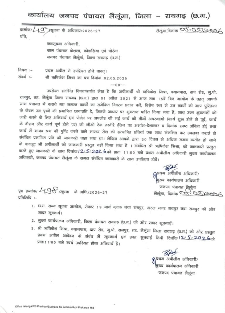 CG NEWS: RTI जानकारी दबाने पर सख्त हुआ प्रशासन, पंचायत अधिकारियों को जारी हुआ तलब नोटिस
