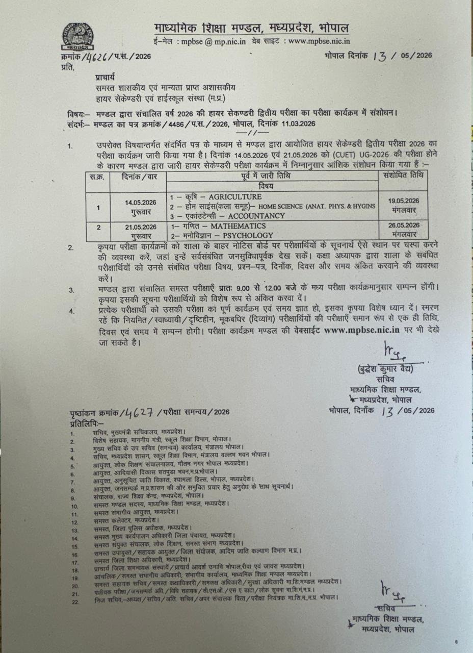 MP board: मध्य प्रदेश माध्यमिक शिक्षा मंडल ने बदला 12वीं सेकेंड एग्जाम का शेड्यूल, CUET-UG परीक्षा के चलते लिया बड़ा फैसला