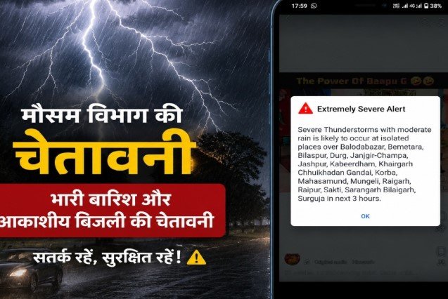 Chhattisgarh Rain Alert: छत्तीसगढ़ में मौसम का ‘Extremely Severe Alert’: अगले 3 घंटे भारी बारिश, आकाशीय बिजली और 80 Kmph तक तेज हवाओं की चेतावनी Chhattisgarh Rain Alert