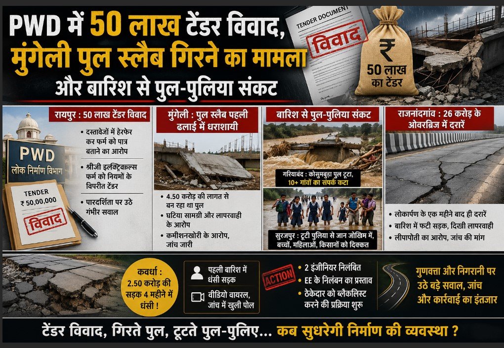 Chhattisgarh PWD corruption: छत्तीसगढ़ में सरकारी निर्माण पर सवाल: PWD के अधिकारी भ्रष्टाचार की चाशनी में डूबे?, कहीं टेंडर घोटाला, कहीं पुल गिरा, कहीं पहली बारिश में बह गई सड़कें, पढ़िए कौन-कौन जिम्मेदार Chhattisgarh PWD Corruption