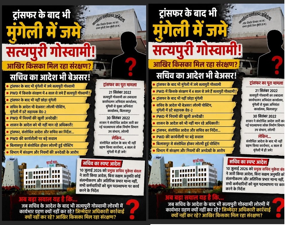 Mungeli PWD News: ट्रांसफर के बाद भी मुंगेली में जमे सत्यपुरी गोस्वामी!, आखिर किसका मिल रहा संरक्षण? सचिव का आदेश भी बेअसर! Mungeli PWD News